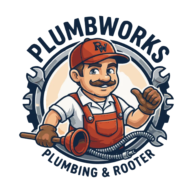Plumbworks mascot, a friendly plumber giving a thumbs-up